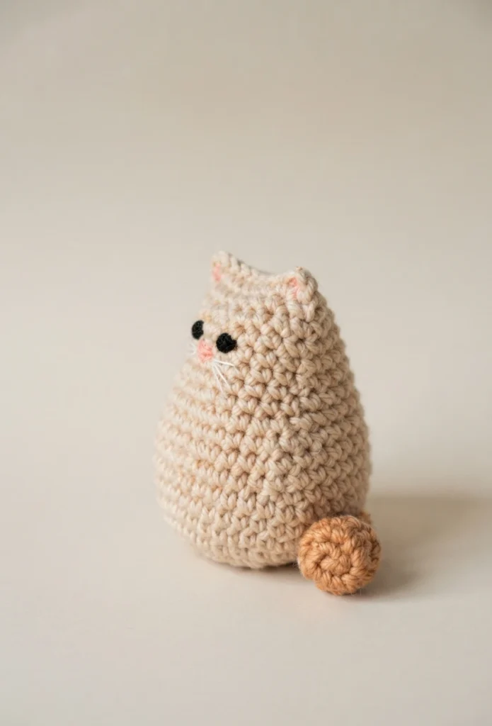 Small beige crochet cat with embroidered face and contrasting brown tail, shown in side view on a plain light background