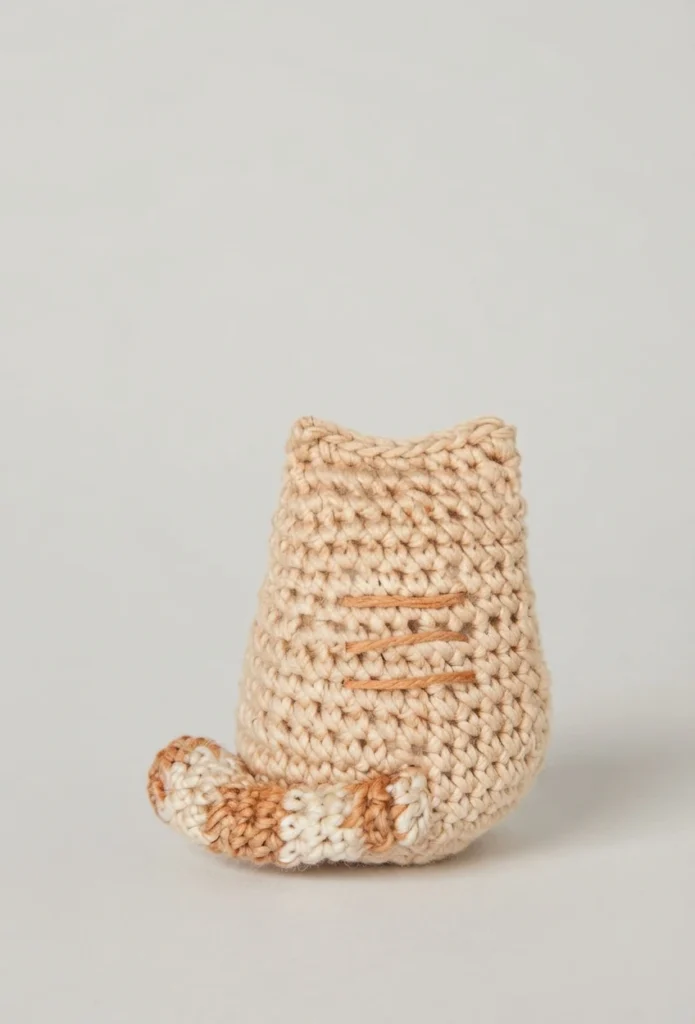 Back view of a small beige crochet cat with three stitched stripes on its back and a striped curled tail