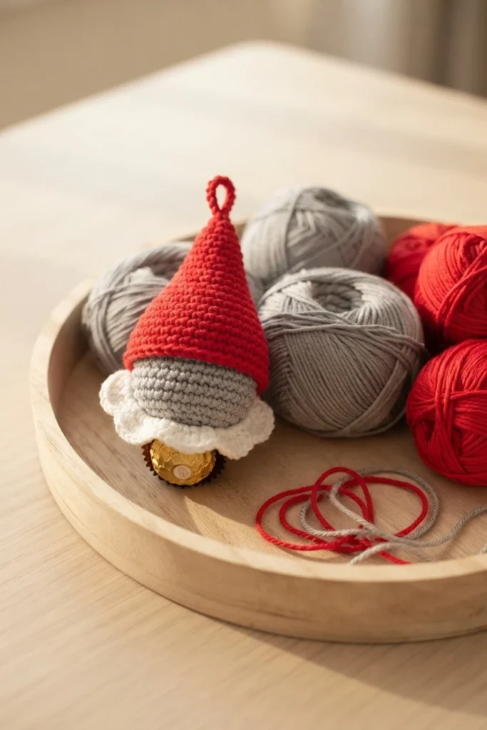 Crocheted gnome candy ornament with a red pointed hat, grey body and white scalloped beard, holding a gold foil wrapped candy, resting in a round wooden tray with grey and red yarn balls and loose strands of yarn.