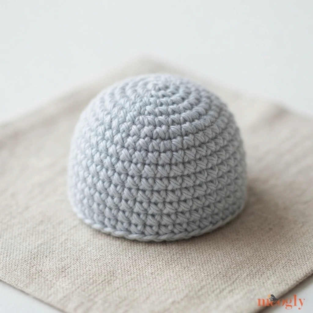 Light gray crocheted dome shaped base piece for a small gnome ornament, resting on a beige woven fabric with a softly blurred background and a small orange logo watermark in the lower right corner.