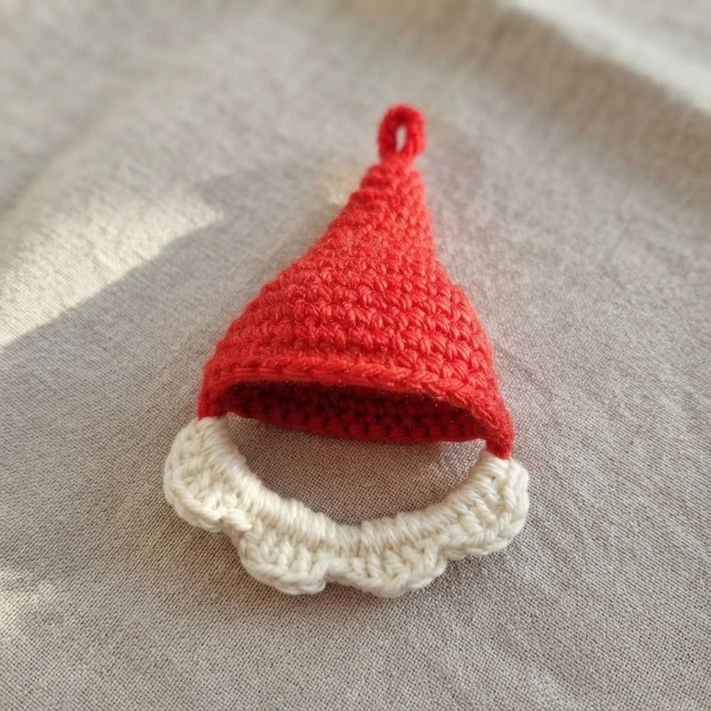 Crocheted gnome hat in red yarn with a white ruffled beard ring beneath it and a small hanging loop at the tip, photographed flat on a light grey fabric.