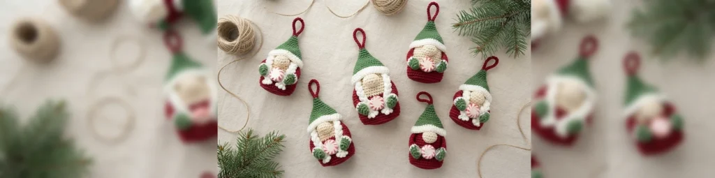 Small crocheted gnome ornaments with green hats, white trim, cream faces and red bodies holding peppermint candies, laid flat on a light beige surface with twine and pine sprigs, repeated softly blurred on both sides.