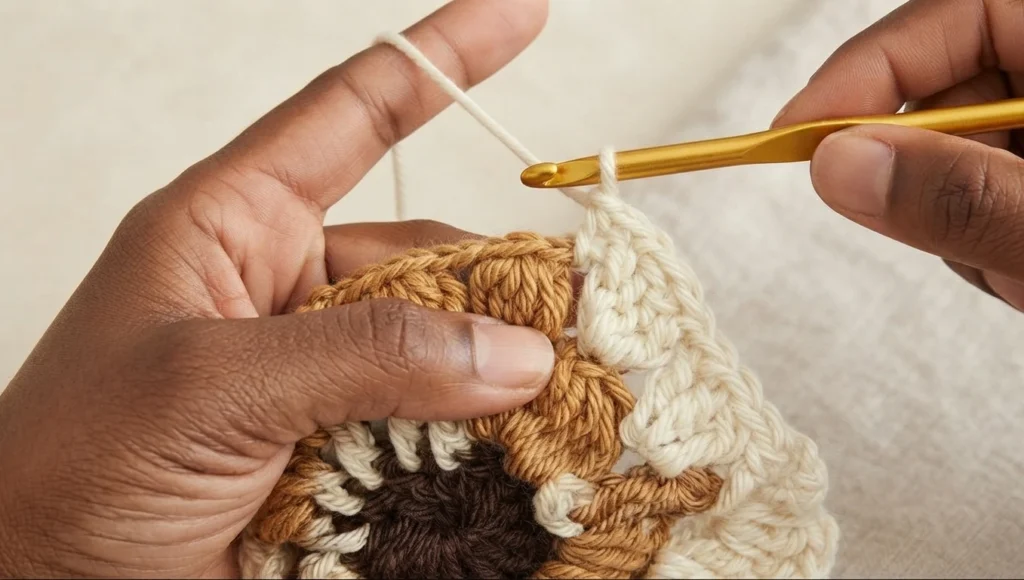 Hands working a cream crochet border on a brown and caramel granny square with a gold hook