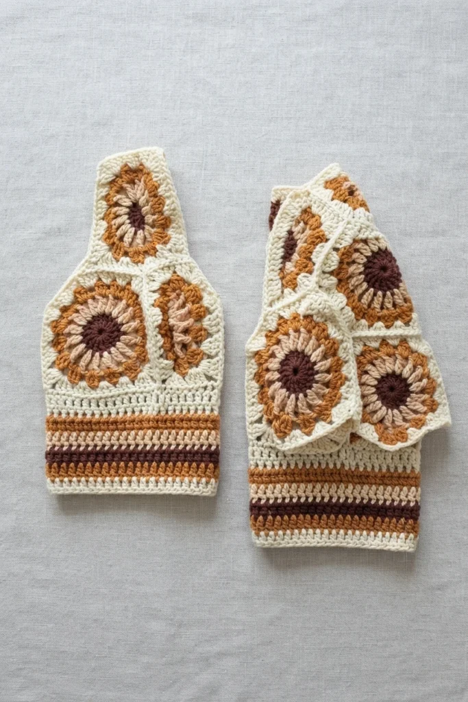 Two crochet panels with brown, caramel and cream sunburst granny squares and striped lower edges, laid flat on light fabric