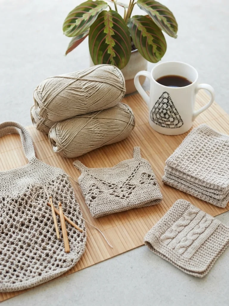 Beige cotton yarn skeins with a crocheted market bag, lacy top, folded cloths and wooden hooks beside a coffee mug and a green plant on a bamboo mat