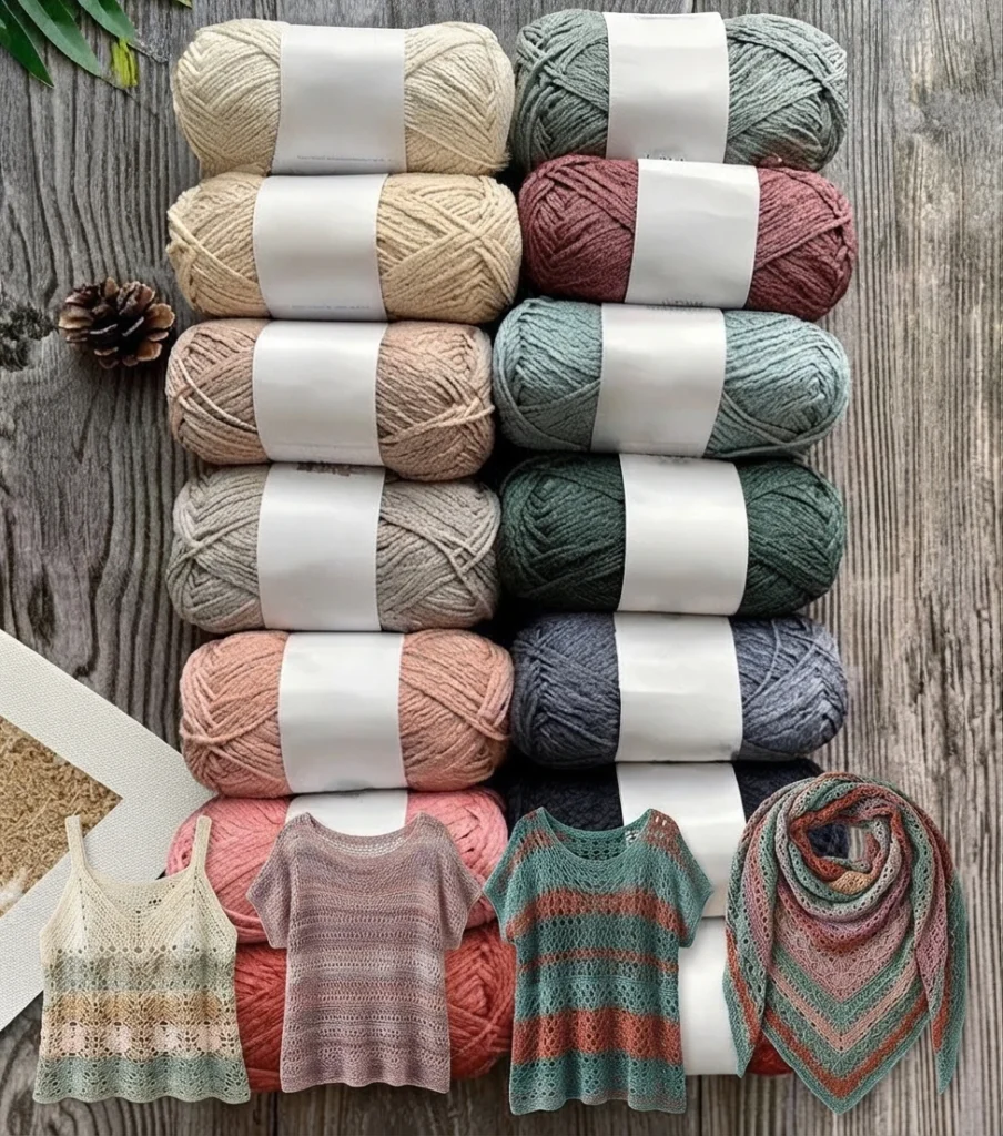 Skeins of yarn in soft neutral and muted tones arranged in two columns on a wooden surface, with small images of crocheted tops and a striped shawl along the bottom.