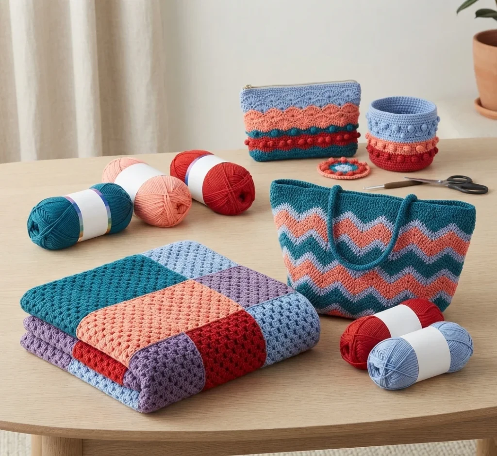 Cotton yarn skeins in teal, coral, red, light blue and purple on a wooden table with a folded patchwork crochet blanket, chevron tote bag, zip pouch and small crochet basket