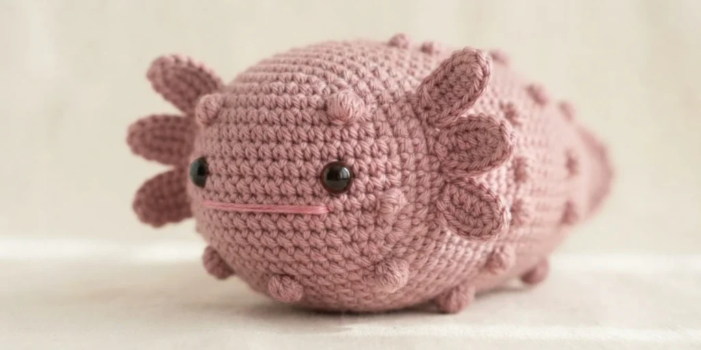 Dusty pink crochet axolotl plush with rounded gills, black eyes and a straight stitched mouth on a light surface.
