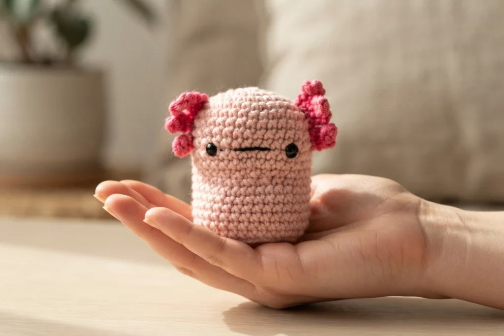 Pale pink crochet axolotl with bright pink gills, black eyes and a straight mouth, resting in an open hand.