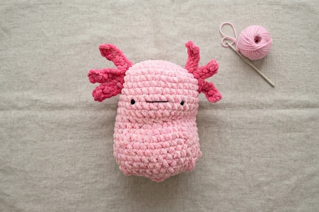 Pink crochet axolotl plushie with darker pink gills beside a ball of pink yarn and a crochet hook on beige fabric