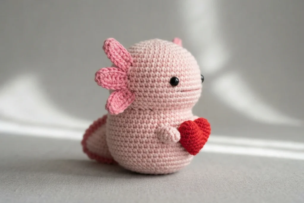 Small pink crocheted axolotl amigurumi with darker pink gills holding a red crocheted heart, shown in side profile.