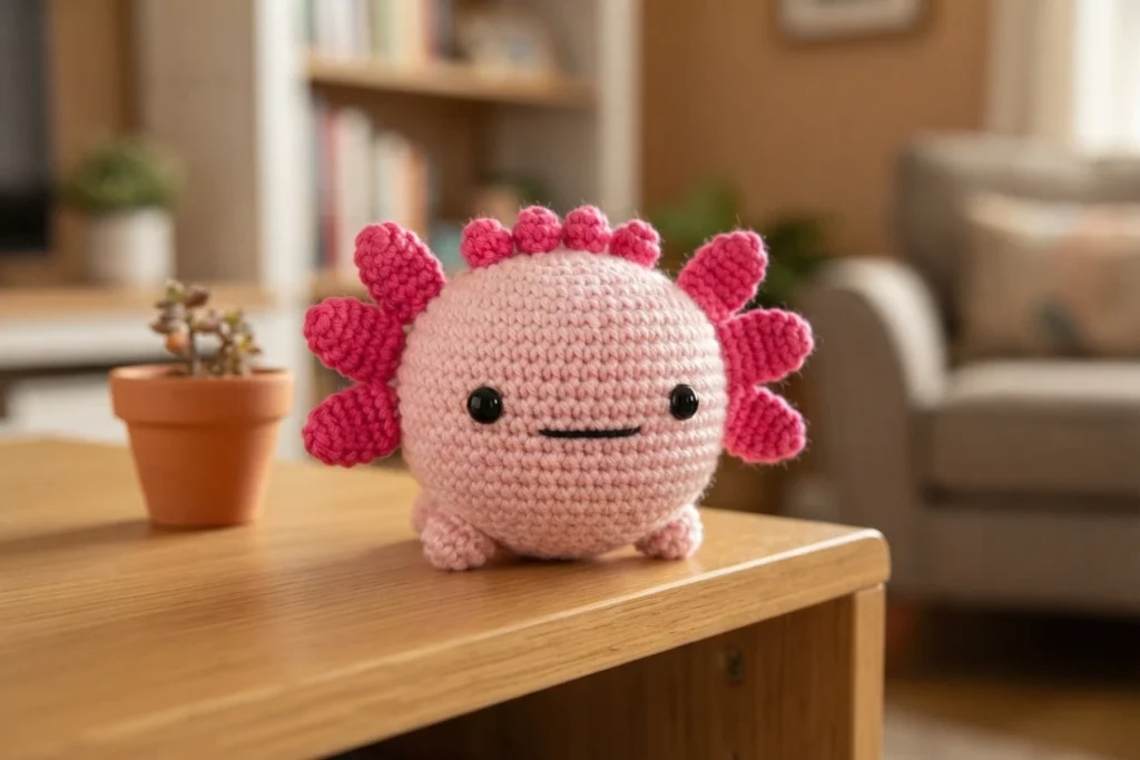 Pink crochet axolotl plush with dark pink gills sitting on a wooden table beside a small potted plant