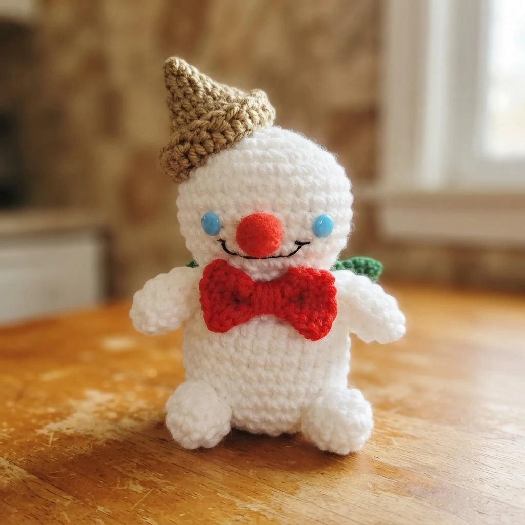 Petite peluche au crochet blanche avec casquette marron inclinée, nez rouge, yeux bleus, sourire brodé, noeud papillon rouge et petits bras verts, posée sur une table en bois.