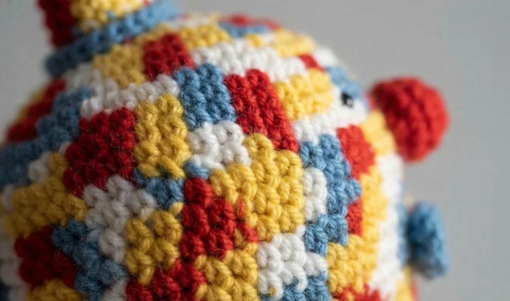 Macro view of crocheted stitches in red, yellow, blue and white yarn, with a red puffball and a blue yarn end at the right edge.