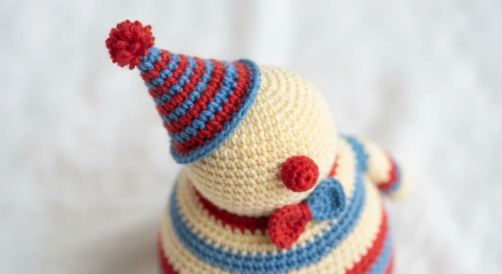 Crocheted stuffed clown plush with a striped red, blue and cream cone hat topped with a pom pom, cream body, red nose and blue bow tie, photographed against a soft white background