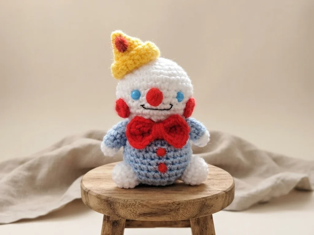 Crochet clown plush with white head, blue body, yellow cone hat with red pom pom, red bow tie, blue eyes and red cheeks, seated on a wooden stool.