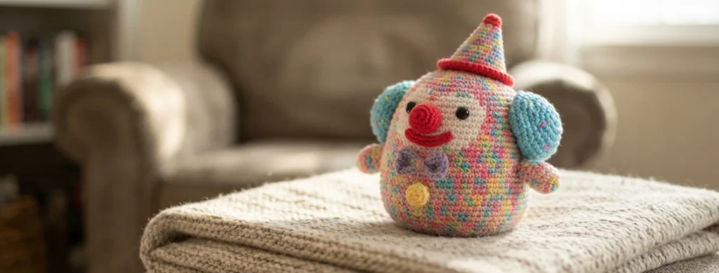 Crocheted clown plush with a red cone hat, blue ear puffs, red nose and a bow tie, sitting on a blanket in front of an armchair