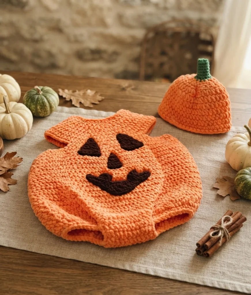 Orange crocheted pumpkin costume with a black jack-o’-lantern face and a matching green-stemmed hat, arranged among autumn decorations.