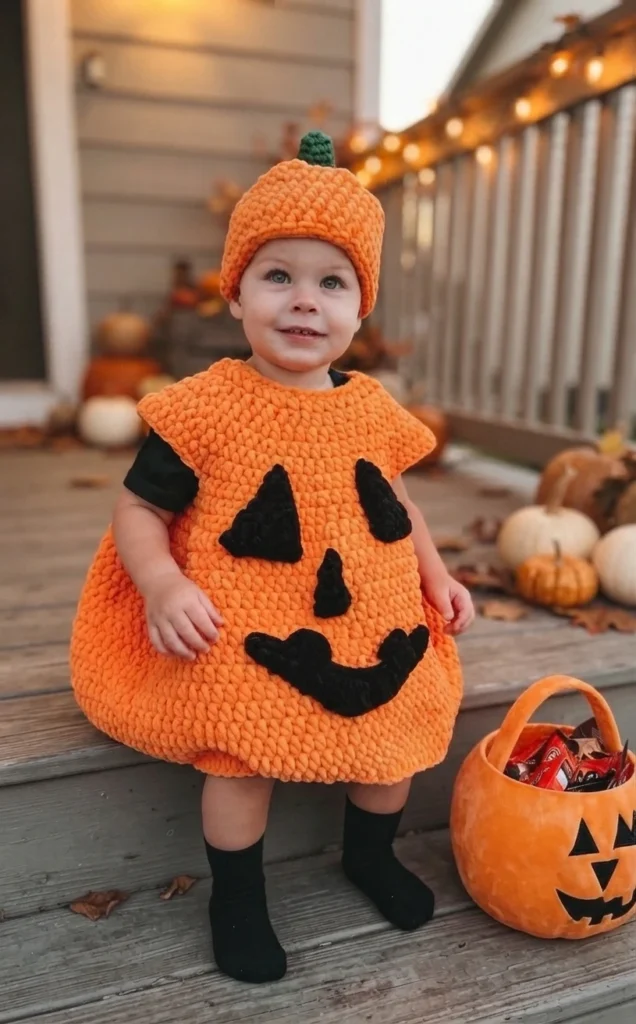 A child wearing an orange crocheted pumpkin costume and matching hat, with a candy bucket beside them on a porch.