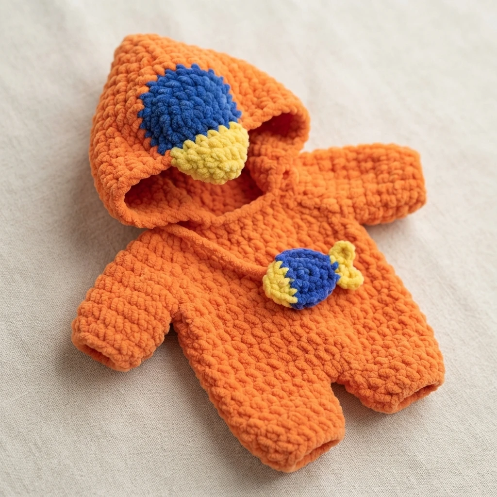 An orange crocheted baby romper and matching hood with blue and yellow details, laid flat on fabric.