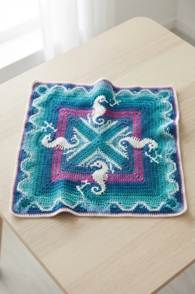 Crocheted mosaic square on a light wooden table, with white seahorses on a blue and teal background, a magenta inner frame and a wavy border.