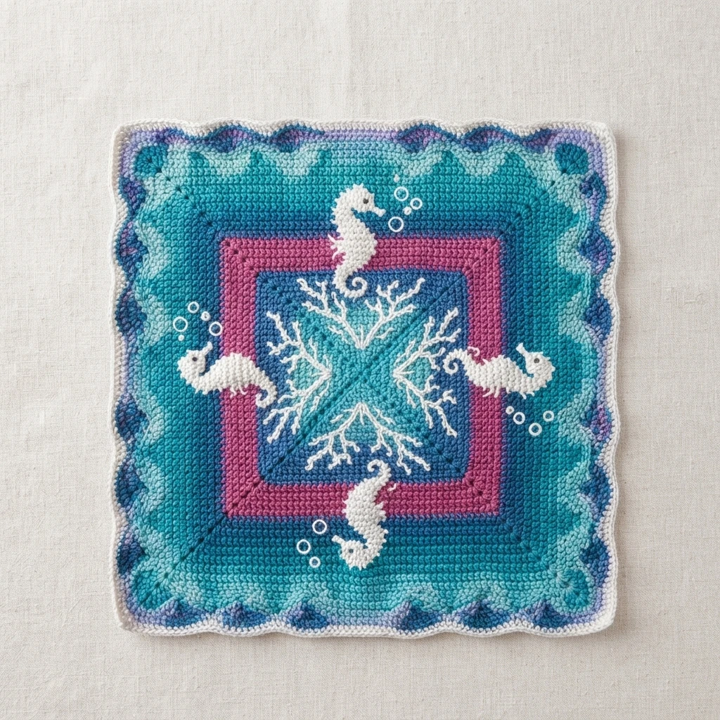Crocheted square in teal and blue with a pink inner frame, white coral in the centre and four white seahorses with bubbles.