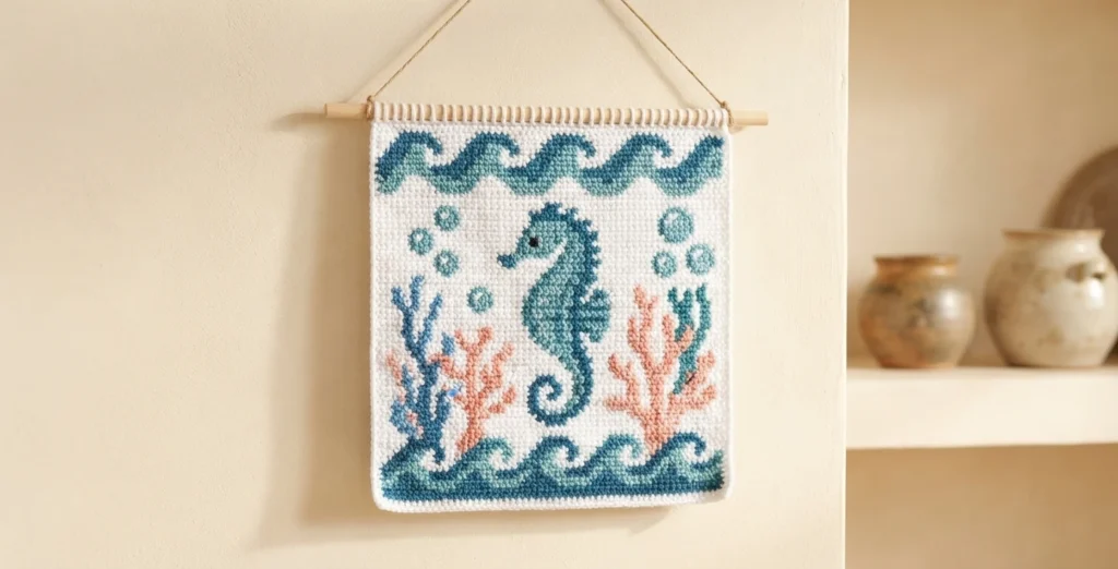 Crocheted wall hanging with a teal seahorse surrounded by bubbles and coral, with wave bands at the top and bottom, hung from a wooden dowel on a light wall.