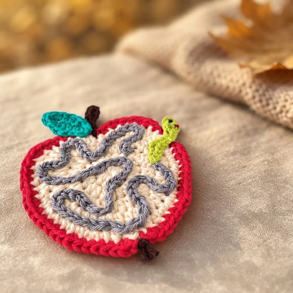 Crochet apple coaster with a cream center and red border, a grey squiggly worm tunnel stitched across the middle, a small green worm peeking over the right edge, a turquoise leaf and brown stem on top, and a brown yarn tuft at the bottom, r