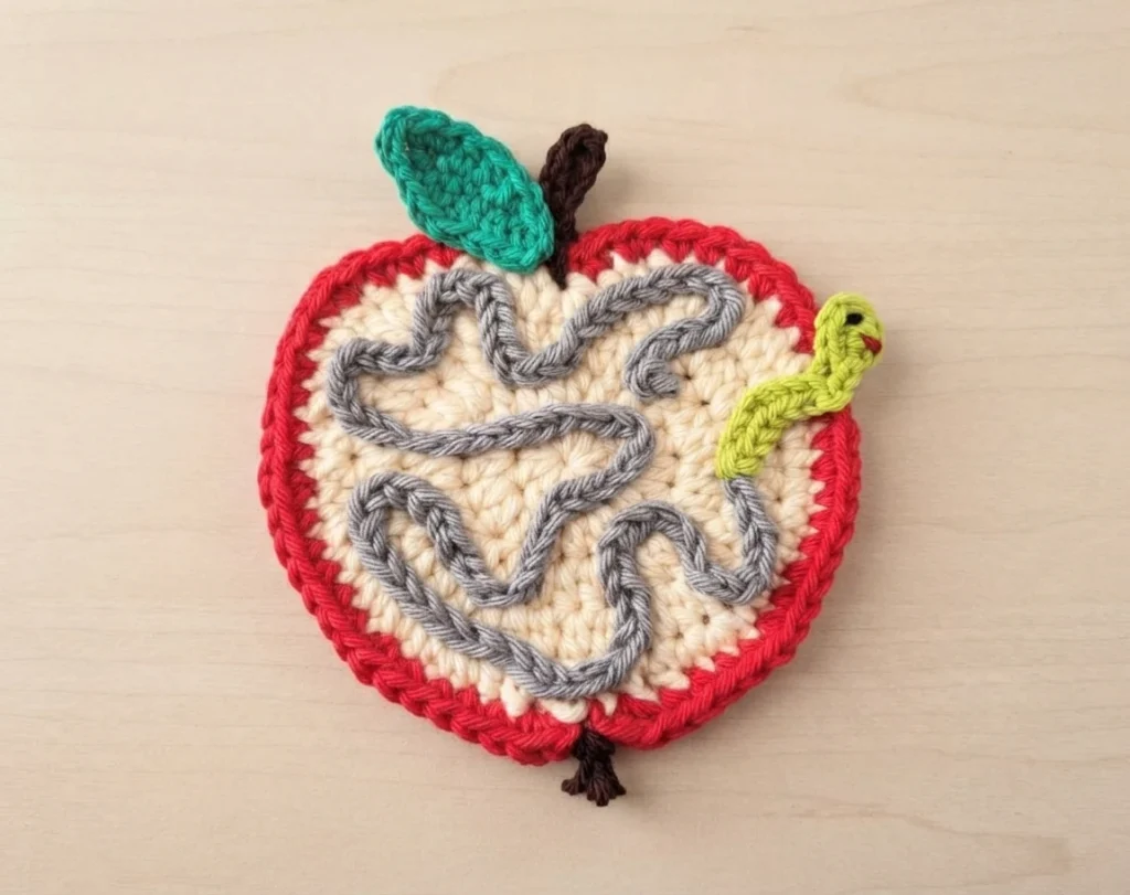 Crochet apple coaster with a cream center, red border, gray squiggly worm tunnel, a small green worm peeking out at the upper right, a green leaf and brown stem, and a brown yarn tail at the bottom, photographed on a light wood surface.