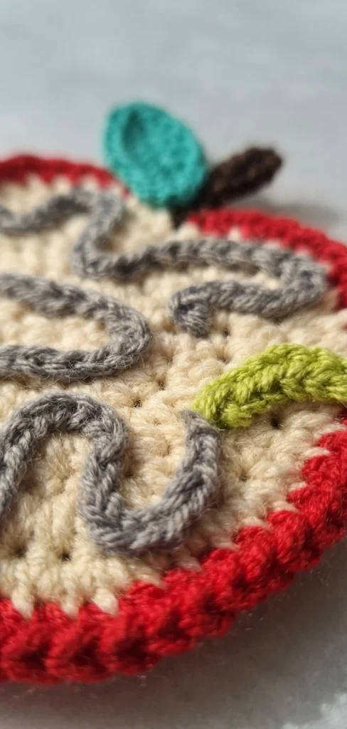 Close-up of a crocheted apple coaster with a cream center, red border, gray squiggly worm tunnel, a green worm at the right edge, plus a teal leaf and brown stem at the top.
