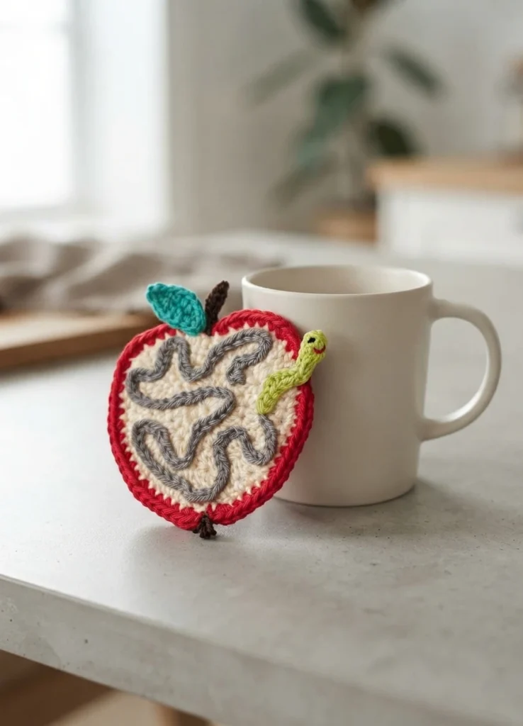 Crochet apple coaster with a red border, cream center, grey stitched worm tunnel, green worm, teal leaf and brown stem, propped against a white mug on a light countertop.