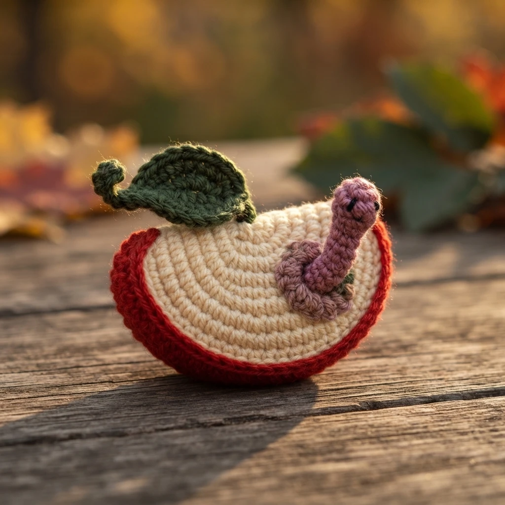 Crocheted apple slice coaster with a cream center, a red border, a green leaf and stem, and a pink crocheted worm poking out of the side, resting on a wooden surface with blurred autumn leaves in the background.
