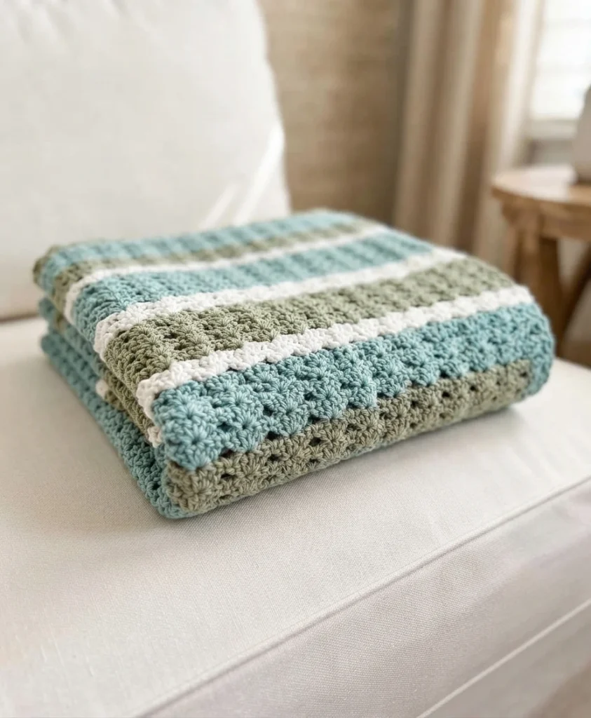 Folded crocheted lap blanket in sea blue, sage green and white stripes resting on a light couch cushion.