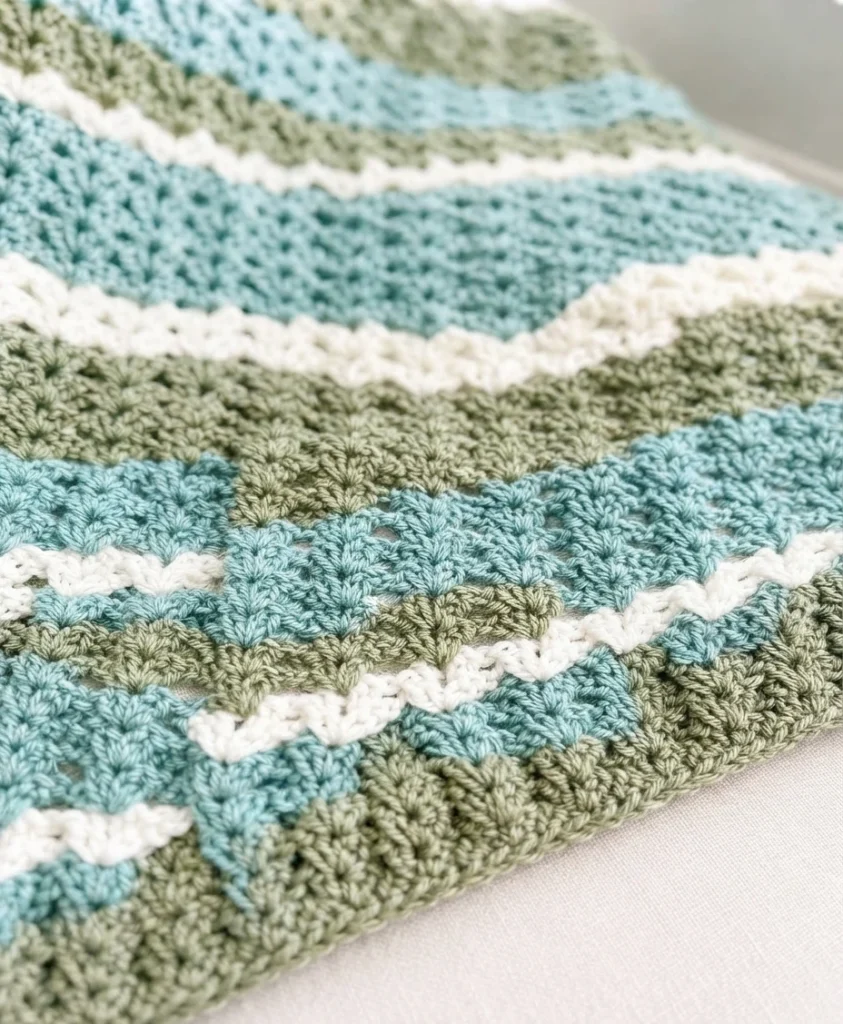 Close-up of a crocheted striped lap blanket in aqua, sage green and white draped on a couch