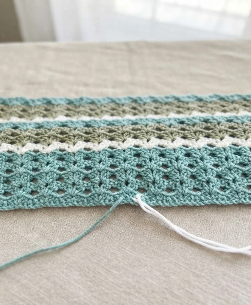 Closeup of a striped crochet blanket in progress in teal, sage green, and white, laid flat with loose yarn tails trailing from the edge