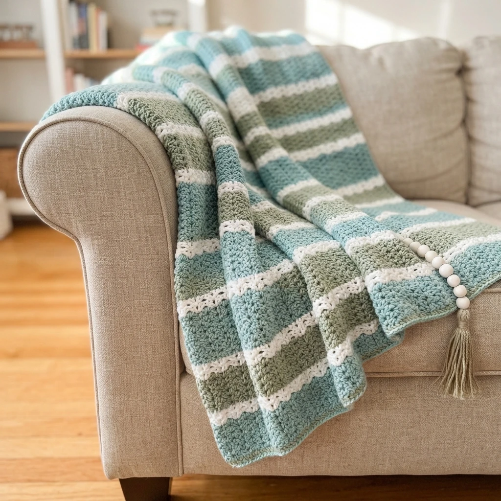 Striped crochet blanket in light blue, sage green and white draped over a beige sofa arm, styled with a white beaded tassel garland