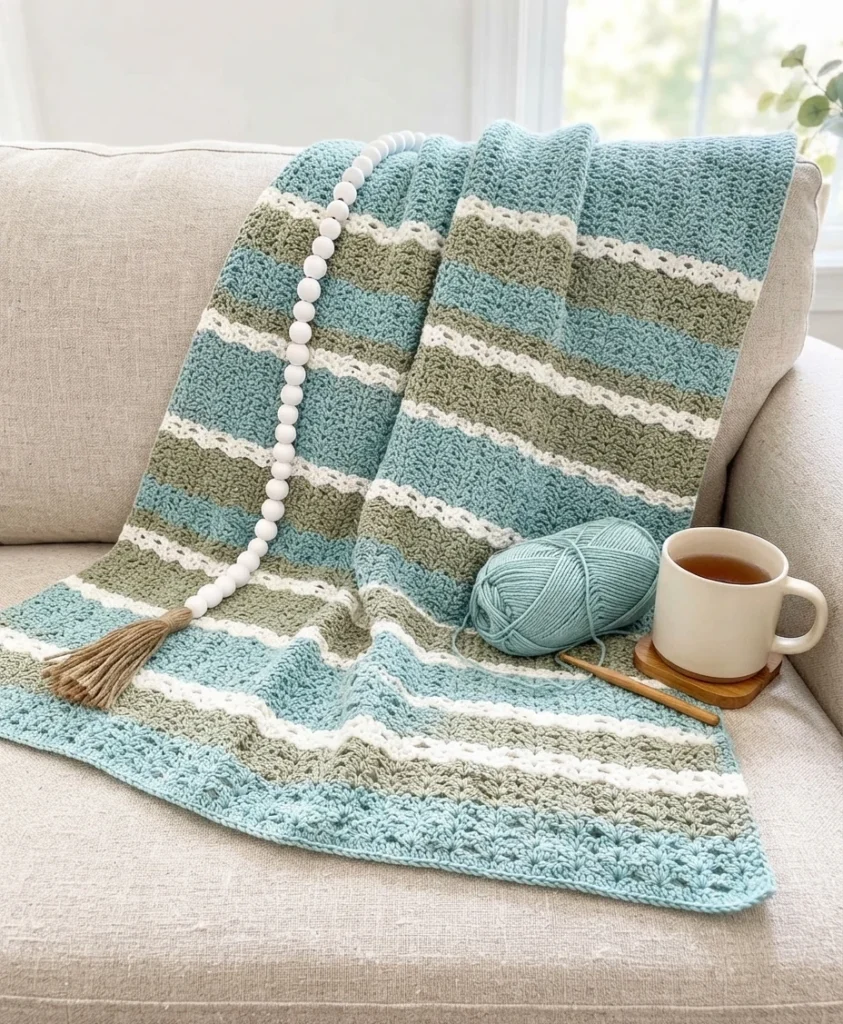 Striped crochet blanket in teal, sage green and white draped over a beige sofa with a white bead garland, a ball of teal yarn, a wooden crochet hook and a mug of tea beside it.