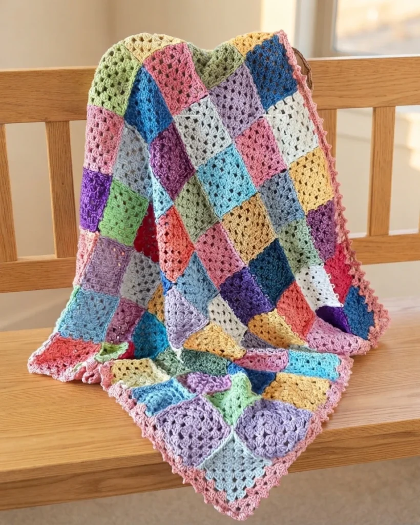 Multicolor granny square crochet blanket with pink edging draped over a wooden bench.