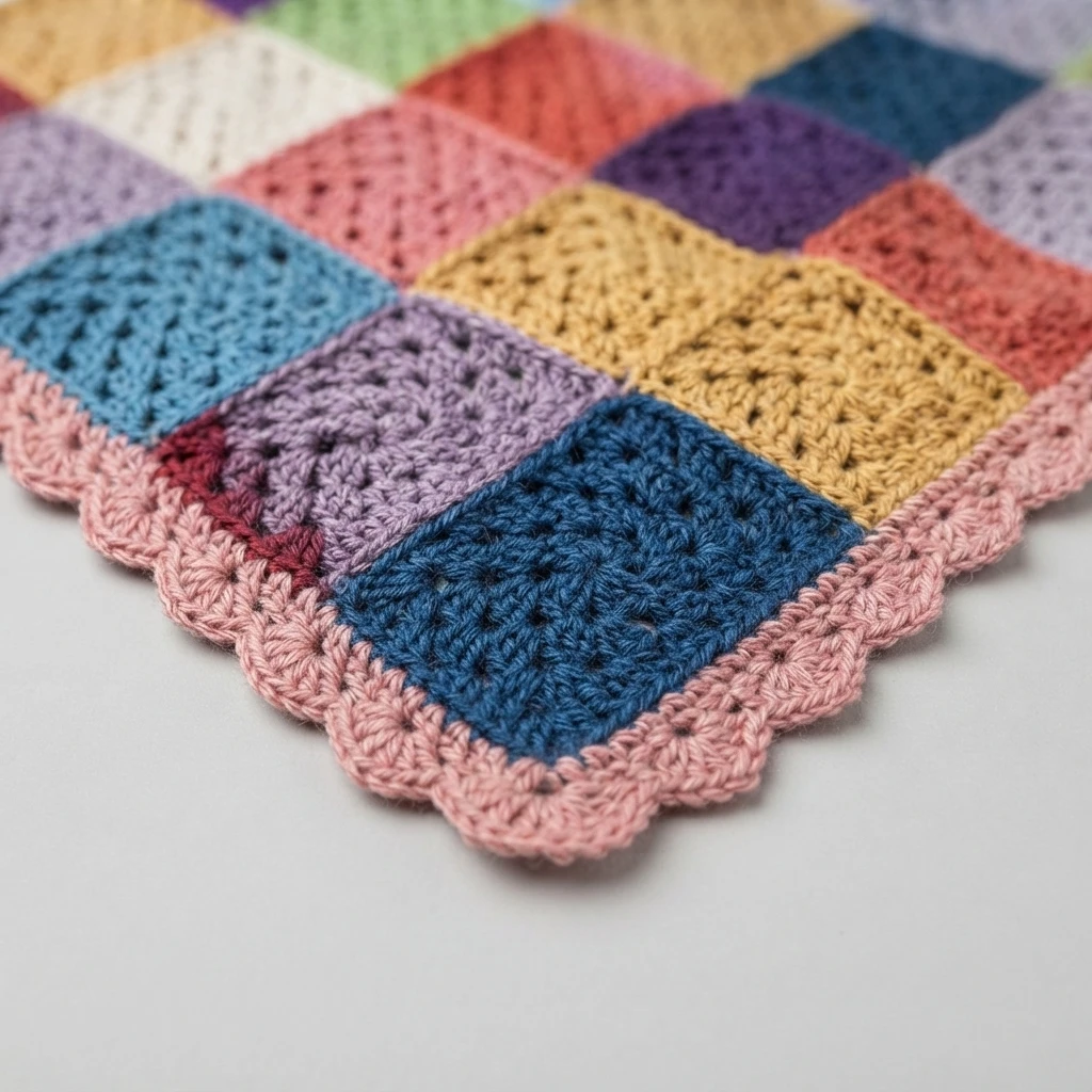 Close-up of a corner of a multicolor granny square crochet blanket with a pink scalloped border.