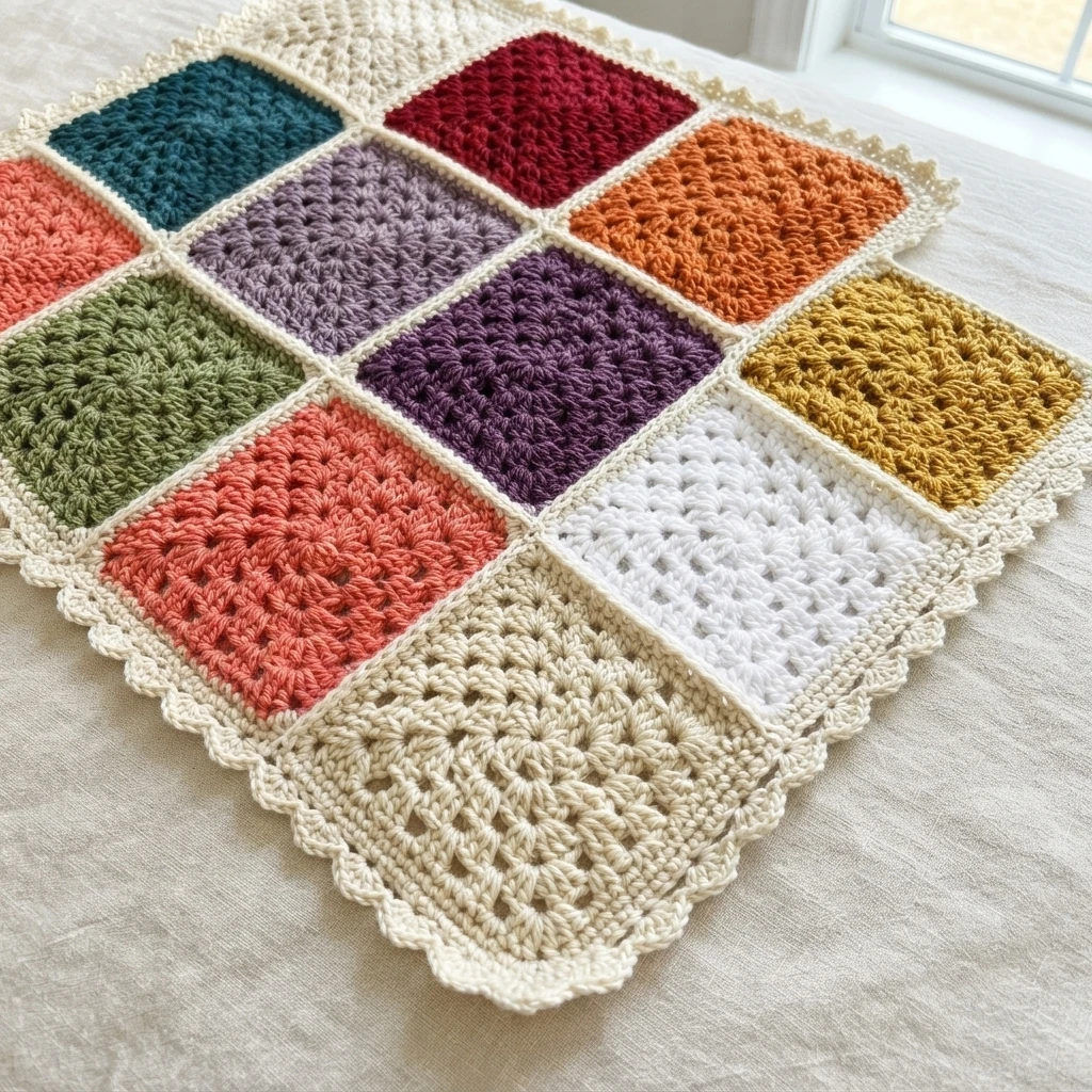 Multicolor granny square crochet blanket with cream scalloped border laid on light fabric near a window.