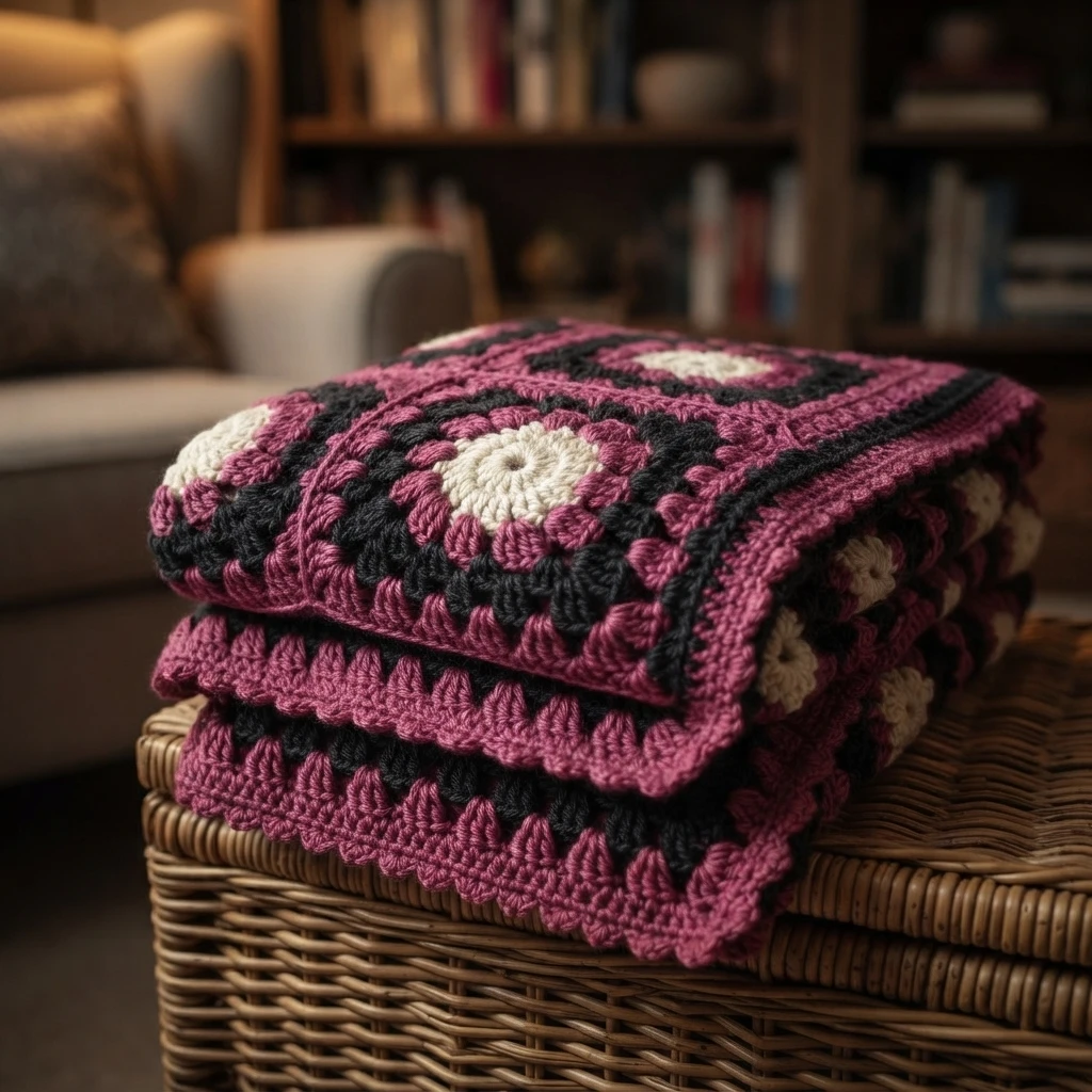 Folded granny square crochet blanket in magenta, black and cream on a wicker basket in a living room.