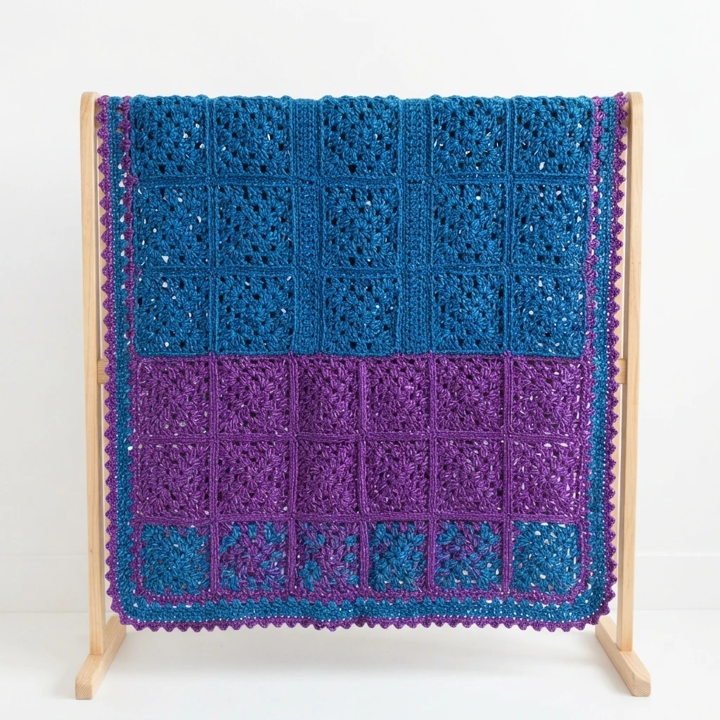 Granny square mood blanket in blue and purple tones draped over a wooden display stand