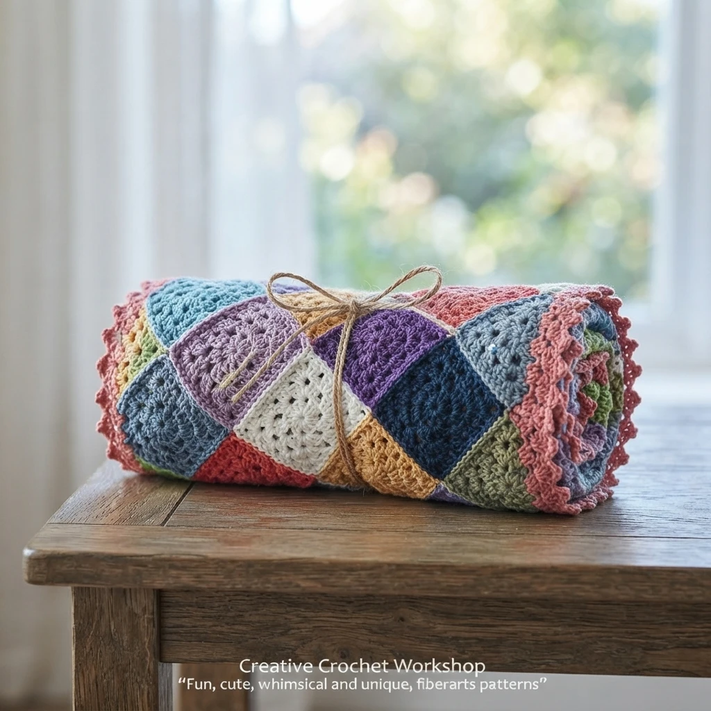 Rolled granny square crochet blanket with multicolored squares and a coral scalloped border, tied with twine and resting on a wooden table in front of a bright window.