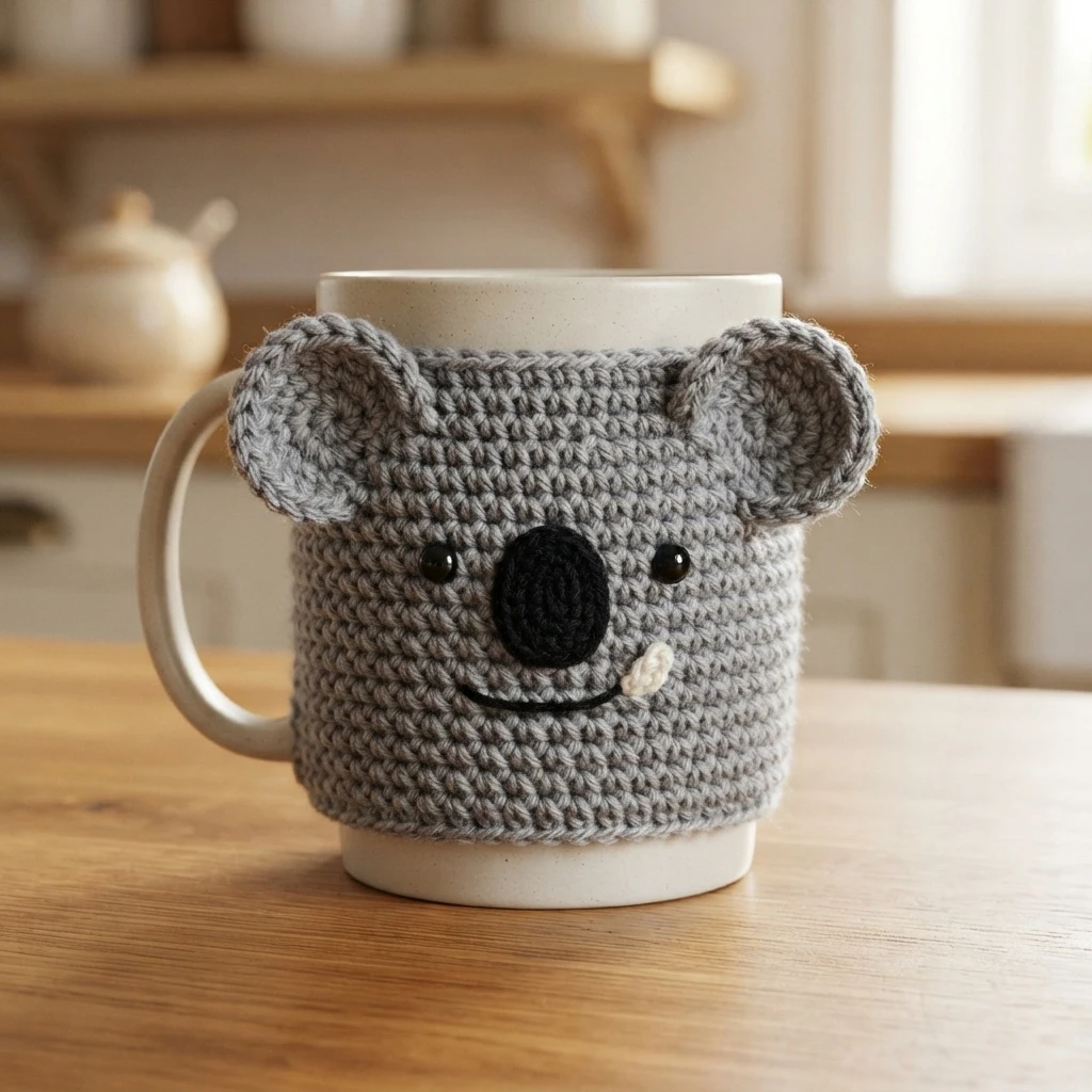 A gray crocheted koala mug sleeve with round ears, black eyes and nose, and a stitched smile, wrapped around a cream mug.