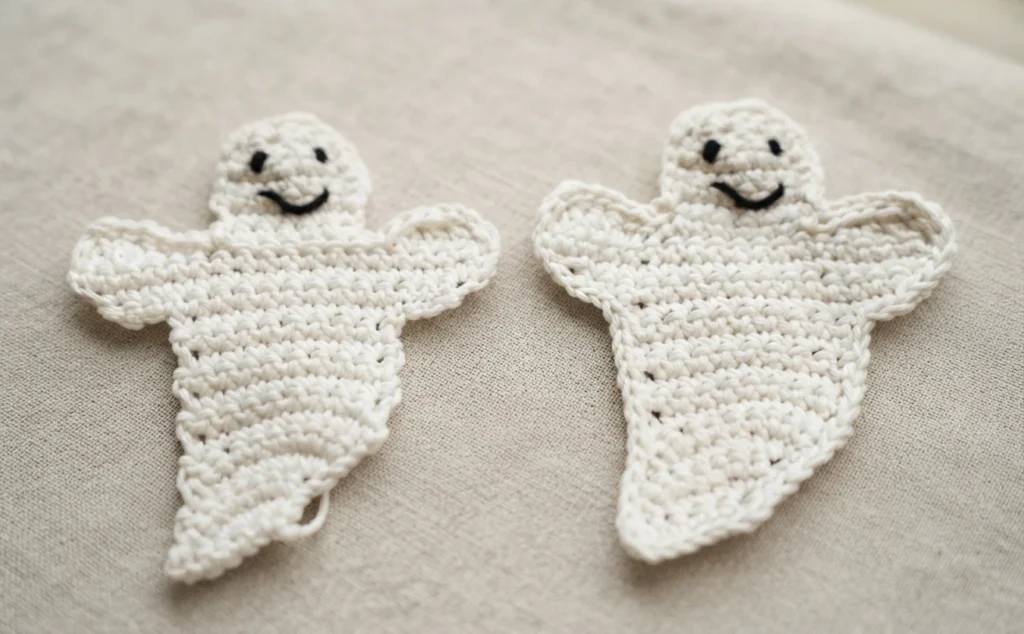 Two white crocheted ghost appliqués with black embroidered eyes and smiles lying side by side on a light linen surface, the one on the right edged with a slip stitch outline