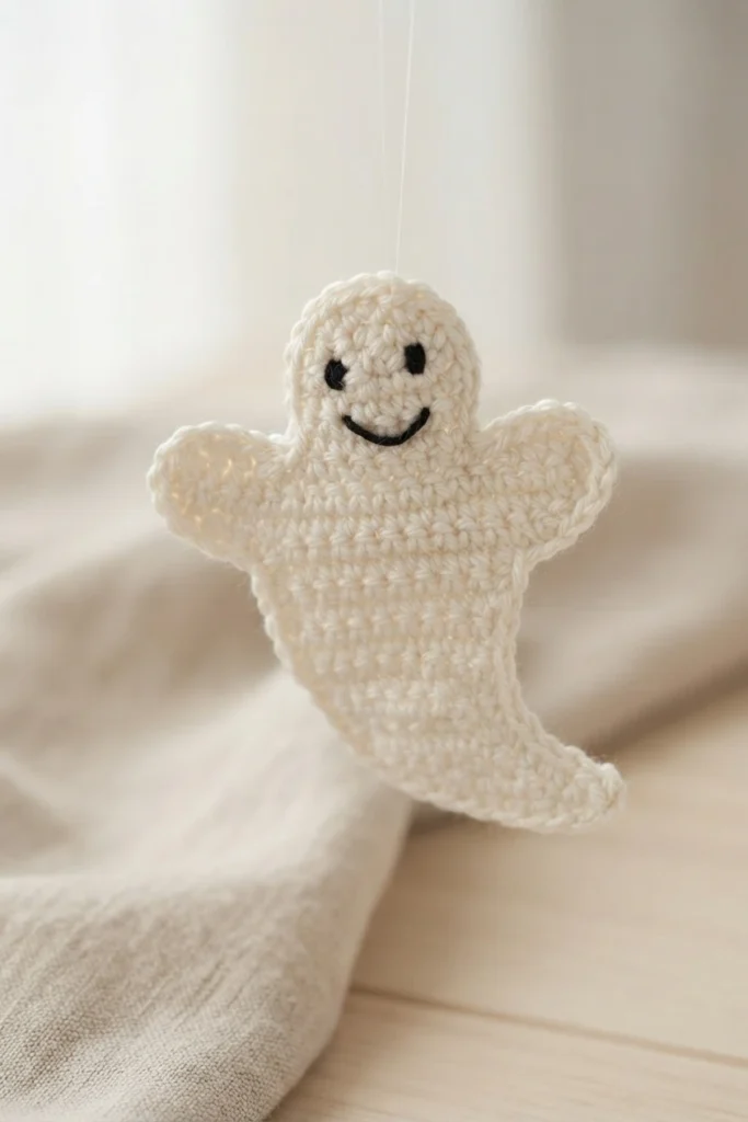 Crocheted cream ghost ornament with black embroidered eyes and a curved smile, hanging from a thin thread in front of a soft blurred fabric background.