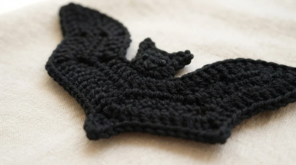 Black crocheted bat decoration with pointed ears and scalloped wings, lying flat on a light cream fabric surface.