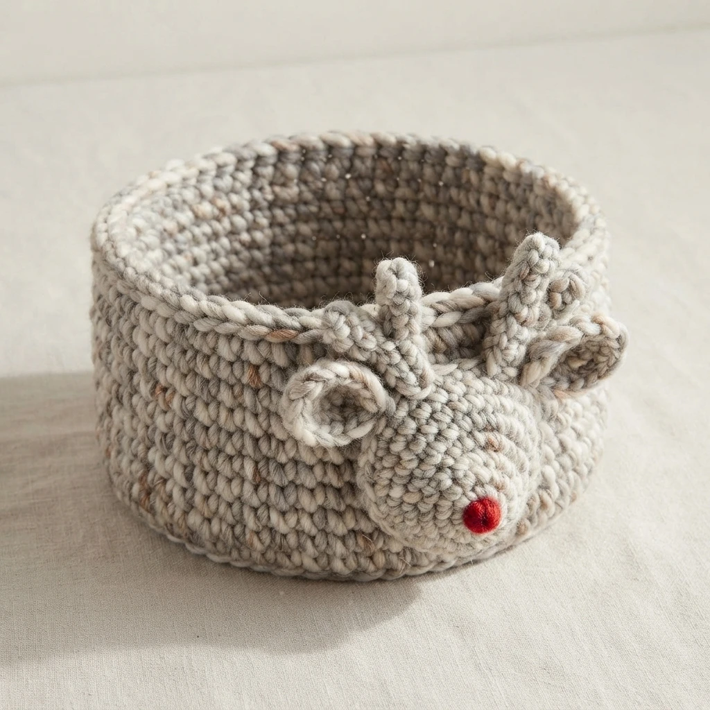 Chunky crochet basket in variegated beige and cream yarn shaped like a reindeer, with small crocheted antlers, ears and a red nose, resting on a light beige fabric surface.