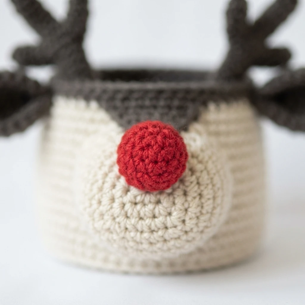 Close-up of a crocheted reindeer basket with a cream body, dark gray trim around the opening, a round red crocheted nose and dark branched antlers, photographed against a plain white background.
