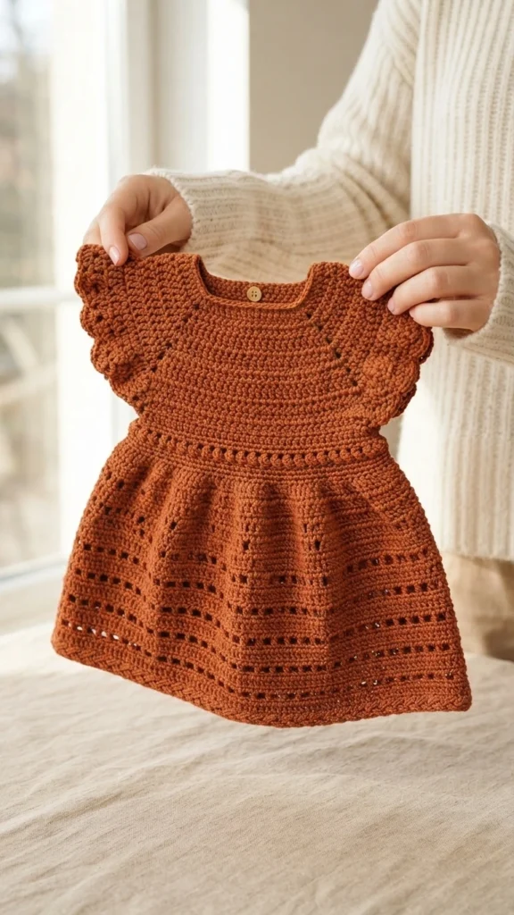 Robe bébé au crochet brun orangé, avec manches volantées, bouton au dos et jupe évasée ajourée, tenue devant une fenêtre.
